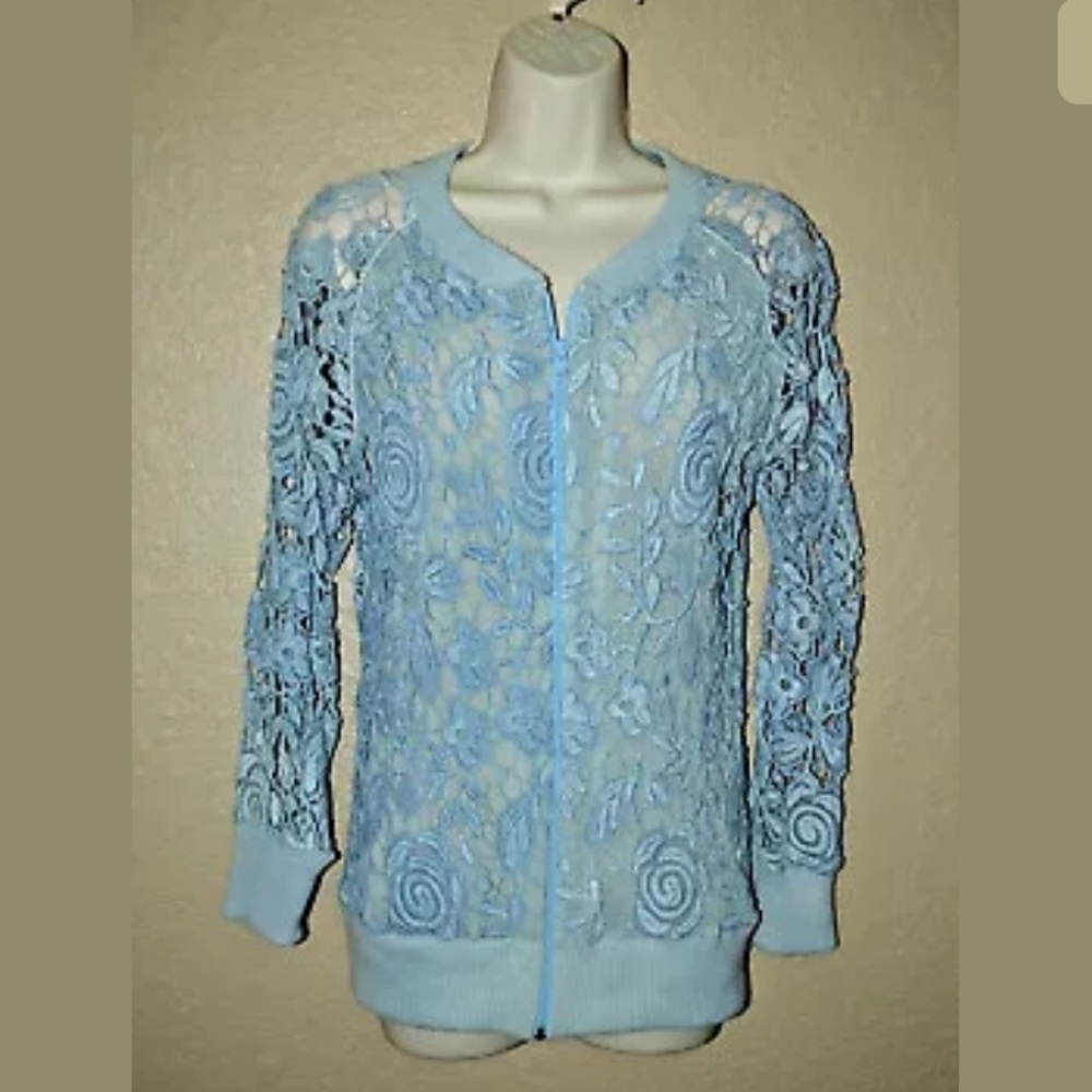 Sz S Bonnie Strauss Blue Lace Zipper Sweater Jacket